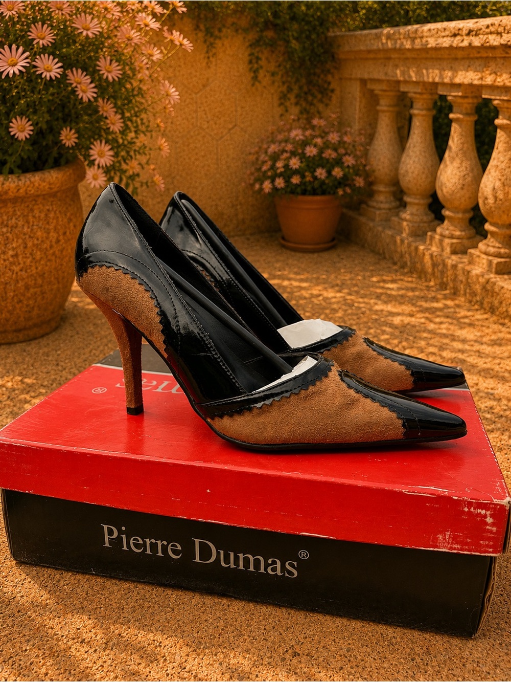 Pierre Dumas Two-Tone Black Patent and Brown Suede Pointed Heels